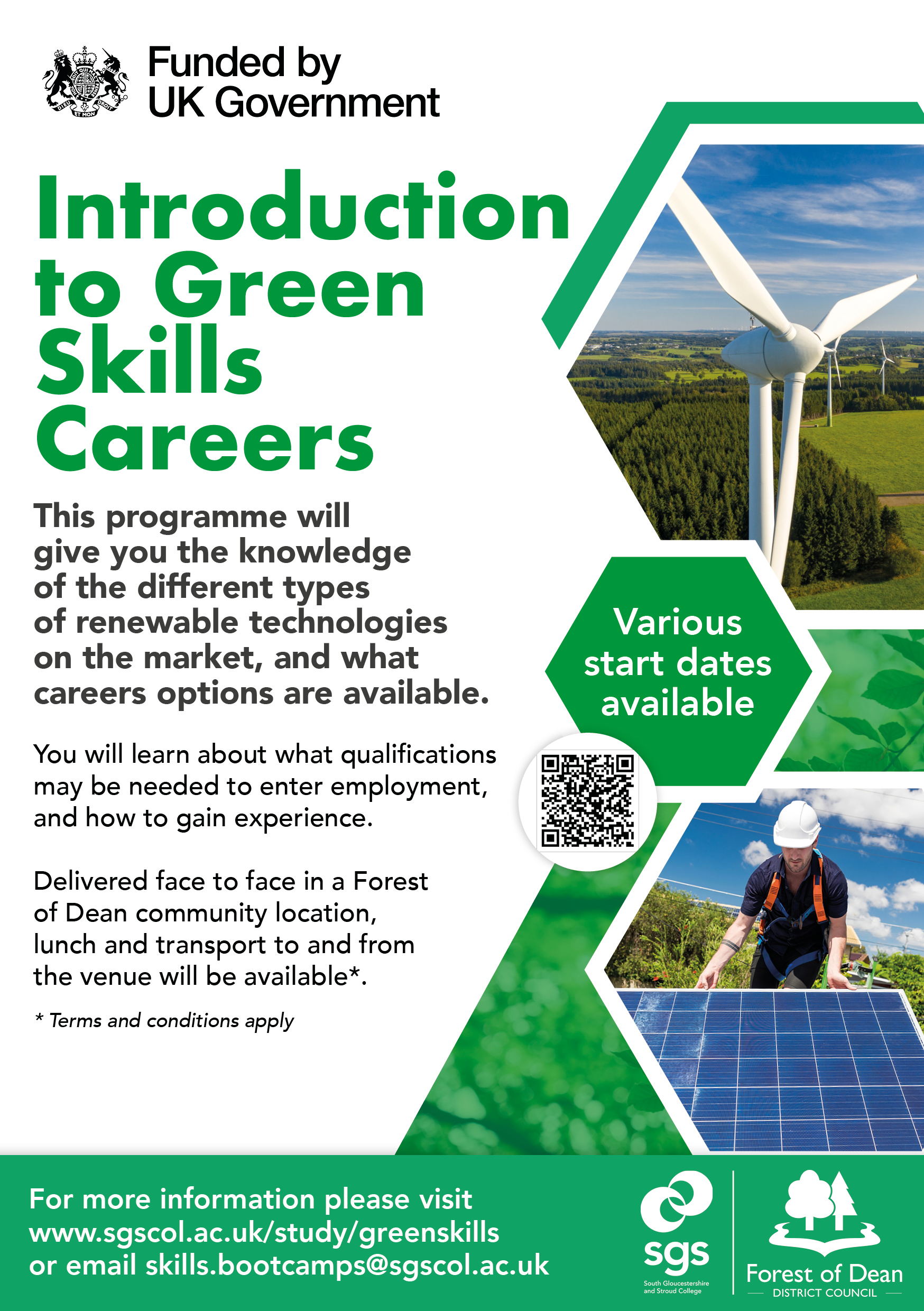 Green skills course. Pictures of man laying solar panels and a wind turbine. Email skills.bootcamps@sgscol.ac.uk for more info